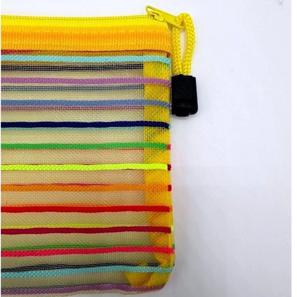 Rainbow Striped Mesh Zipper Pouch Pencil Case Cosmetic Bag Yellow Back To School